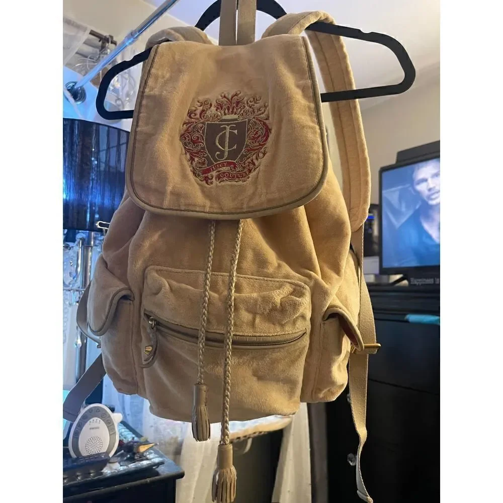 Cream/beige velvet/velour campus,school multi pocket cargo Backpack